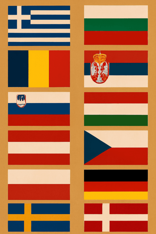 Flags of Greece and European countries representing frigo transport Greece to Europe
